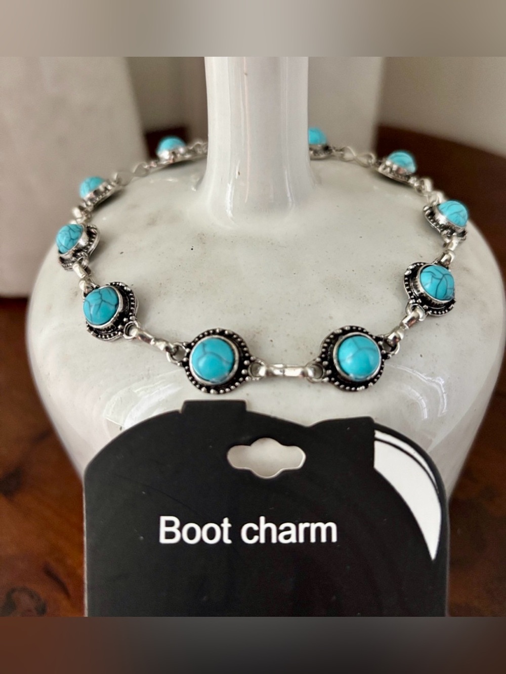 Western Boot Charm,round turquoise stones in silvertone filagree,Trendy